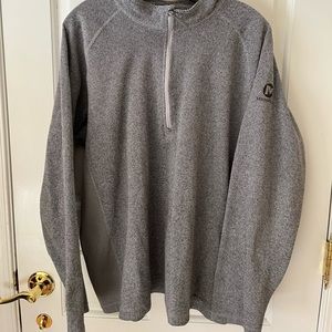 Grey Merrill quarter zip sweatshirt.